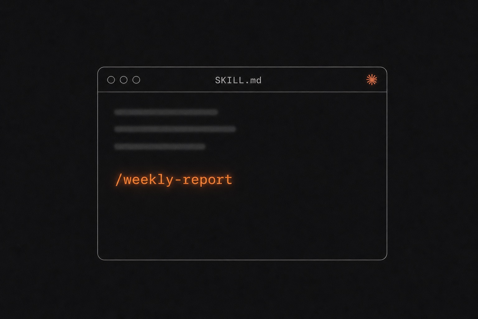Terminal window titled SKILL.md with a /weekly-report command and the Claude logo