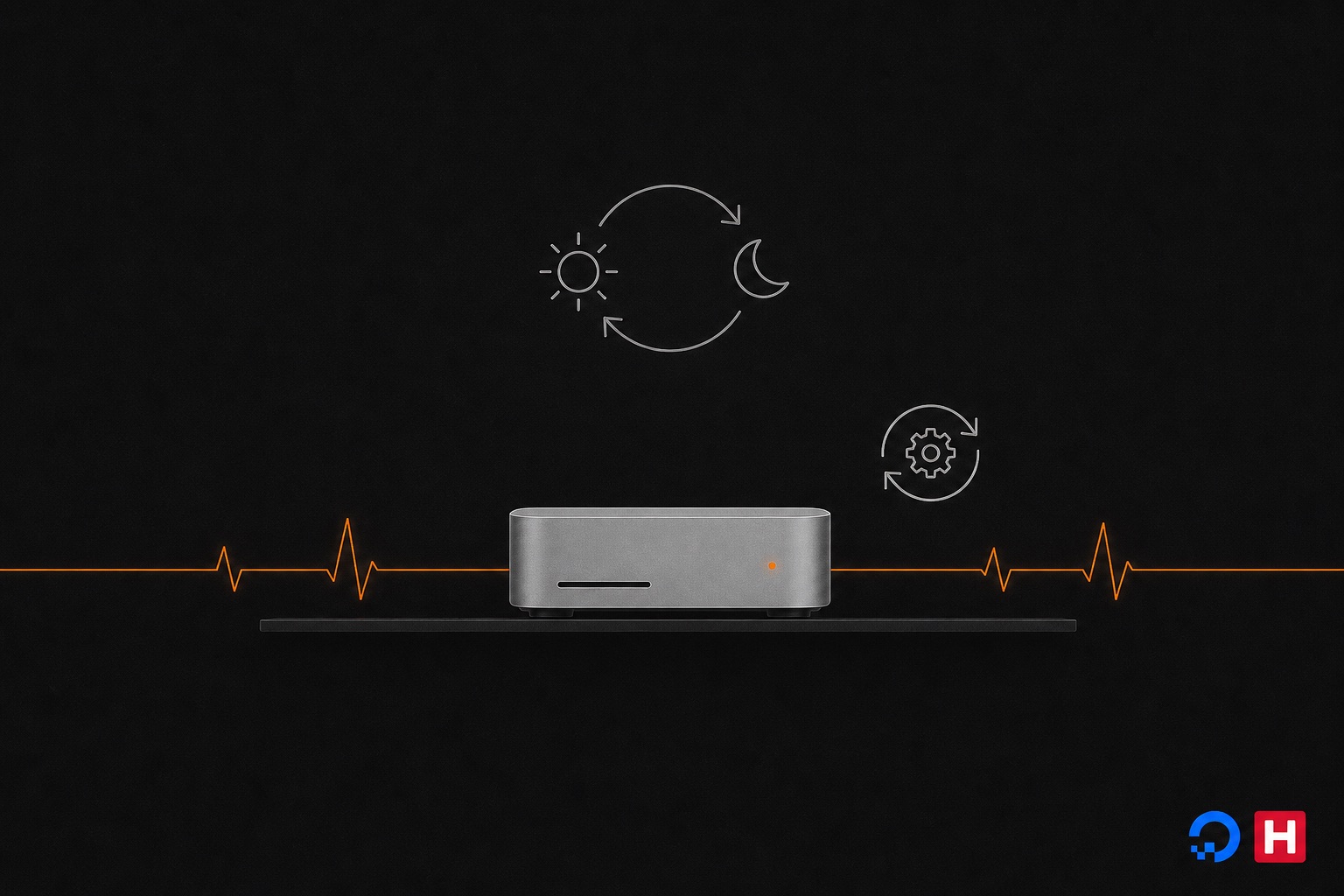 A mac mini on a shelf with an uptime heartbeat line, day and night cycle, and DigitalOcean and Hetzner logos
