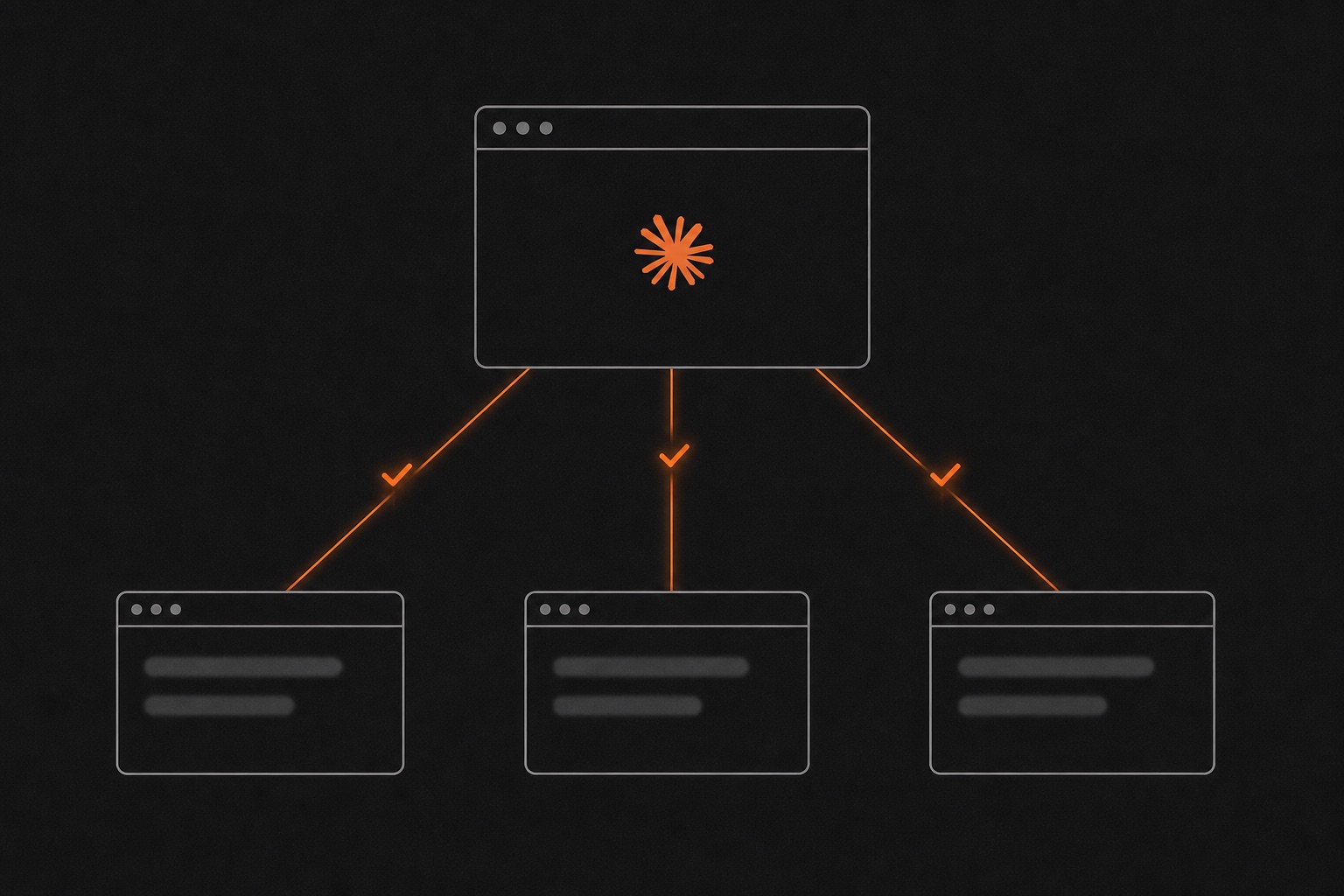An orchestrator terminal with the Claude logo fanning out to three specialist terminals with checkmarks